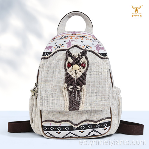 Mochila hecha a mano tejida con cera bordada de búho boho